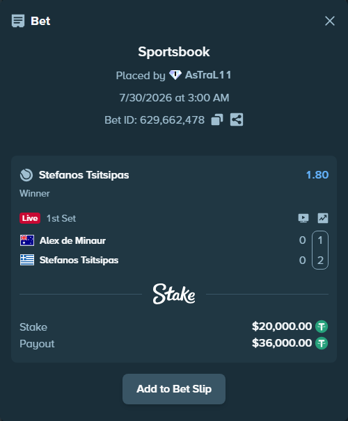 Bet slip: Alex de Minaur - Stefanos Tsitsipas, $20,020.00 stake at 1.80 odds, placed by AsTraL11