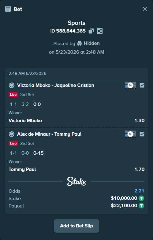 Bet slip: Alex de Minaur - Tommy Paul, $10,010.00 stake at 1.70 odds, placed by Hidden