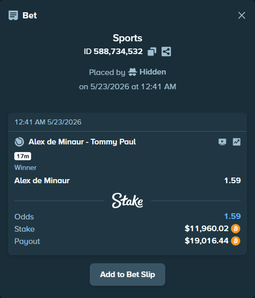 Bet slip: Alex de Minaur - Tommy Paul, $10,032.82 stake at 1.59 odds, placed by Hidden