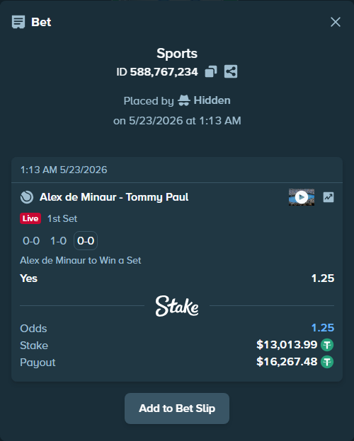 Bet slip: Alex de Minaur - Tommy Paul, $13,027.00 stake at 1.25 odds, placed by Hidden