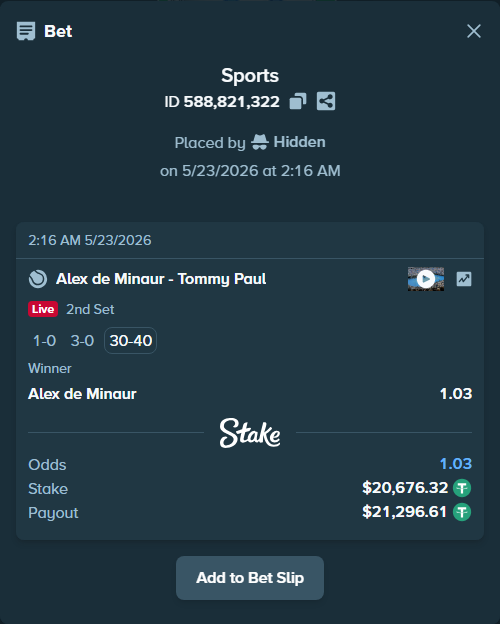 Bet slip: Alex de Minaur - Tommy Paul, $20,697.00 stake at 1.03 odds, placed by Hidden