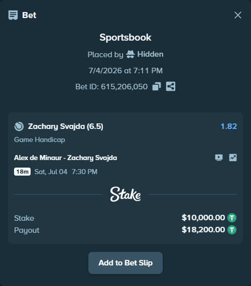 Bet slip: Alex de Minaur - Zachary Svajda, $10,010.00 stake at 1.82 odds, placed by Hidden