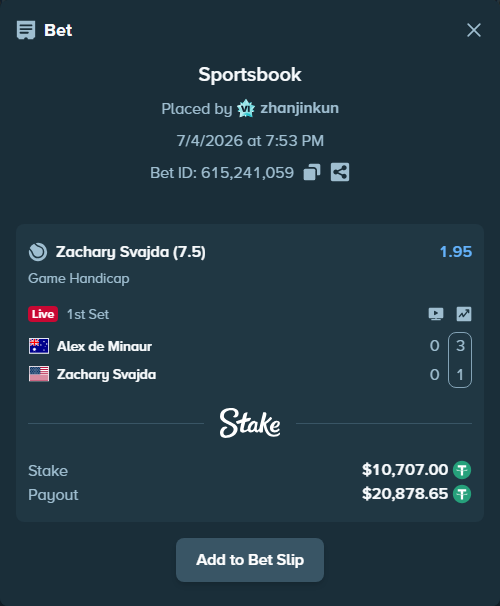 Bet slip: Alex de Minaur - Zachary Svajda, $10,717.71 stake at 1.95 odds, placed by zhanjinkun