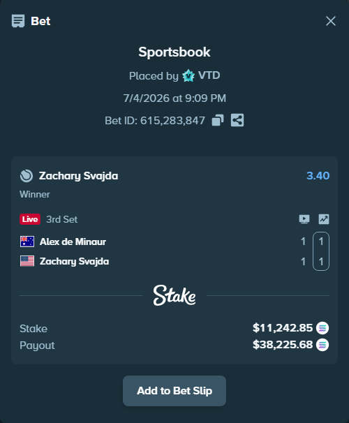 Bet slip: Alex de Minaur - Zachary Svajda, $11,295.63 stake at 3.40 odds, placed by VTD