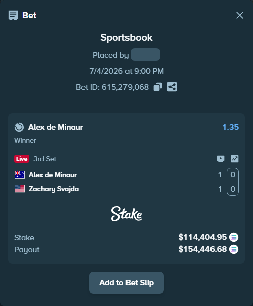 Bet slip: Alex de Minaur - Zachary Svajda, $115,036.00 stake at 1.35 odds, placed by Prettylfacko98