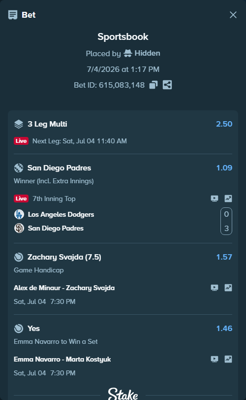 Bet slip: Alex de Minaur - Zachary Svajda, $12,915.97 stake at 1.57 odds, placed by Hidden