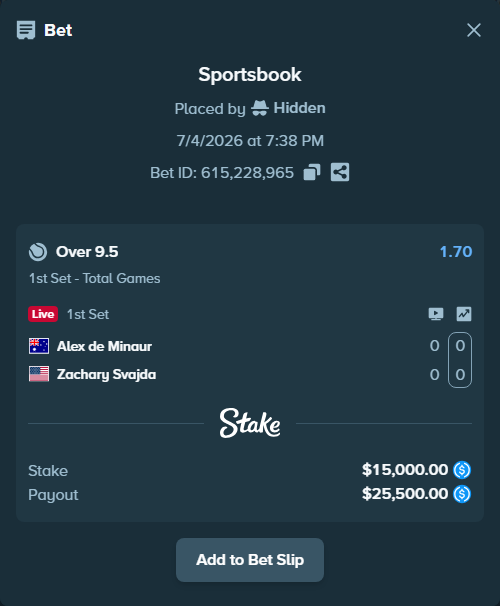Bet slip: Alex de Minaur - Zachary Svajda, $15,000.00 stake at 1.70 odds, placed by Hidden
