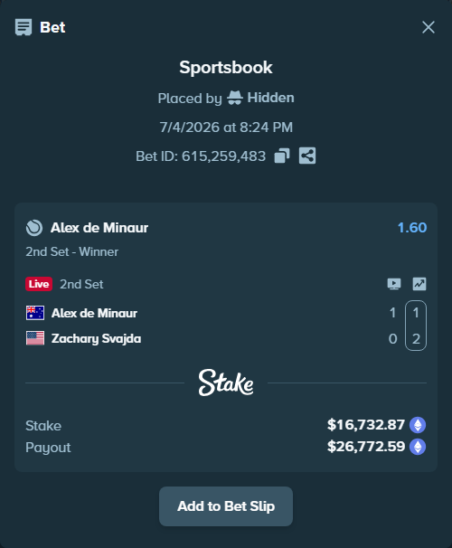 Bet slip: Alex de Minaur - Zachary Svajda, $17,066.06 stake at 1.60 odds, placed by Hidden