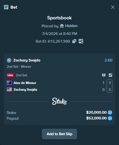 Bet slip: Alex de Minaur - Zachary Svajda, $20,000.00 stake at 2.60 odds, placed by Hidden