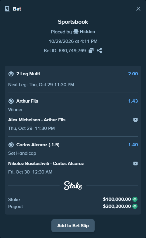 Bet slip: Alex Michelsen - Arthur Fils, $100,100.00 stake at 1.43 odds, placed by Hidden