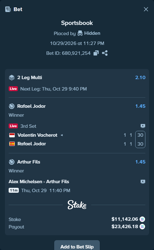 Bet slip: Alex Michelsen - Arthur Fils, $11,226.10 stake at 1.45 odds, placed by Hidden