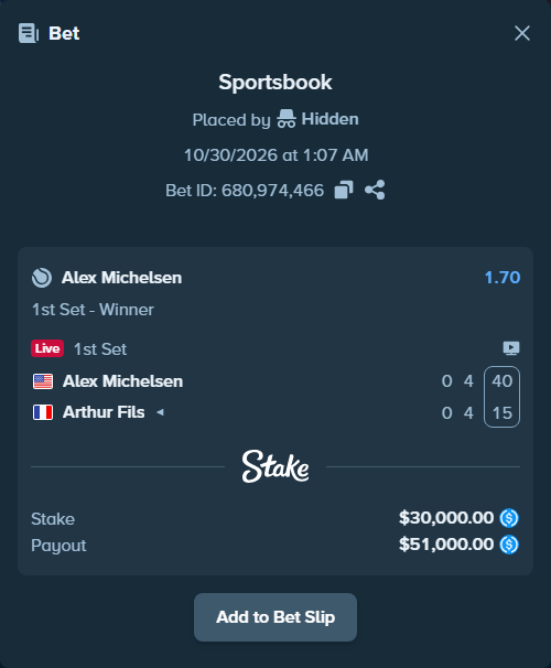 Bet slip: Alex Michelsen - Arthur Fils, $30,000.00 stake at 1.70 odds, placed by Hidden