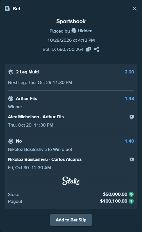 Bet slip: Alex Michelsen - Arthur Fils, $50,050.00 stake at 1.43 odds, placed by Hidden