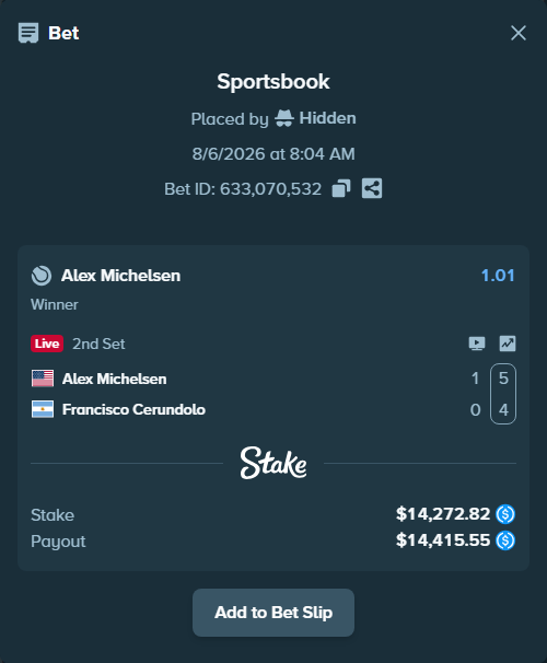 Bet slip: Alex Michelsen - Francisco Cerundolo, $14,272.82 stake at 1.01 odds, placed by Hidden