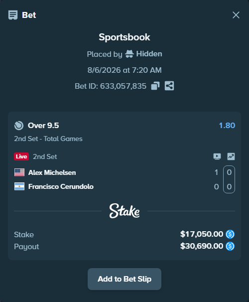 Bet slip: Alex Michelsen - Francisco Cerundolo, $17,050.00 stake at 1.80 odds, placed by Hidden