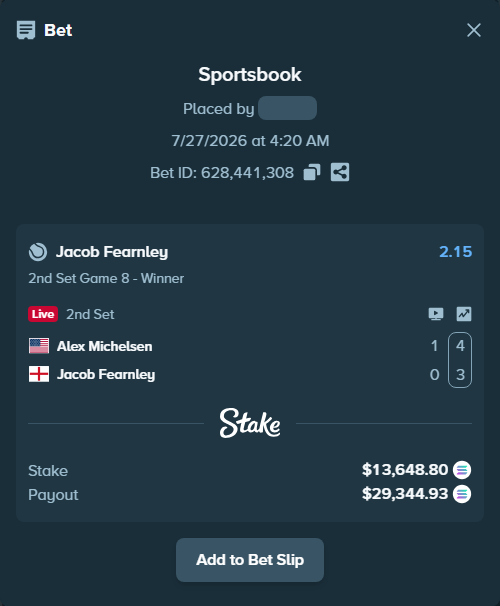 Bet slip: Alex Michelsen - Jacob Fearnley, $13,171.88 stake at 2.15 odds, placed by Prettylfacko98