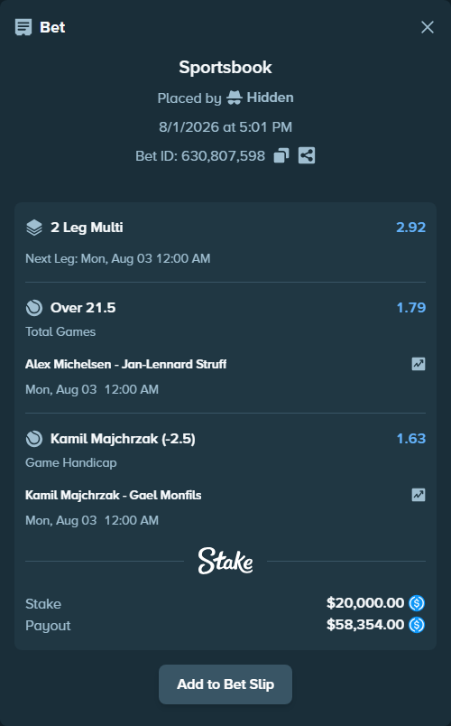 Bet slip: Alex Michelsen - Jan-Lennard Struff, $20,000.00 stake at 1.79 odds, placed by Hidden