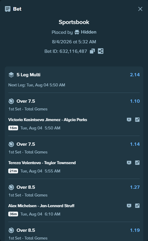 Bet slip: Alex Michelsen - Jan-Lennard Struff, $27,253.23 stake at 1.27 odds, placed by Hidden