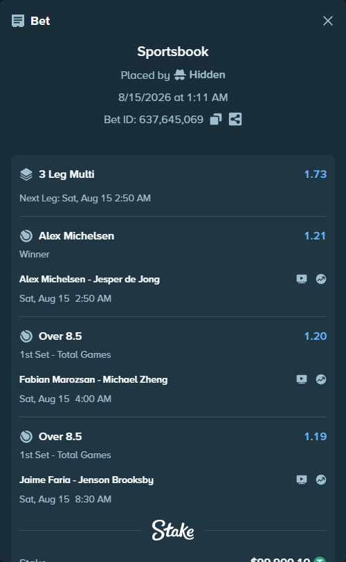 Bet slip: Alex Michelsen - Jesper de Jong, $100,000.00 stake at 1.21 odds, placed by Hidden