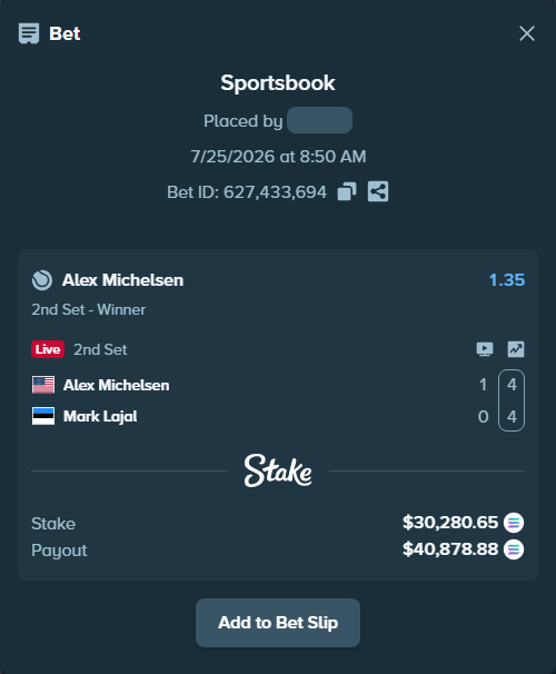 Bet slip: Alex Michelsen - Mark Lajal, $29,794.70 stake at 1.35 odds, placed by Richboyquan