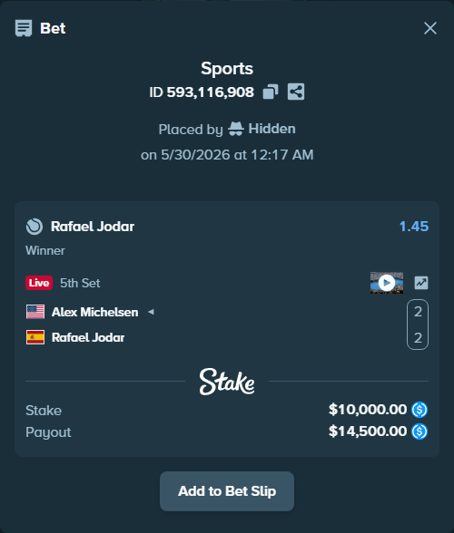 Bet slip: Alex Michelsen - Rafael Jodar, $10,000.00 stake at 1.45 odds, placed by Hidden
