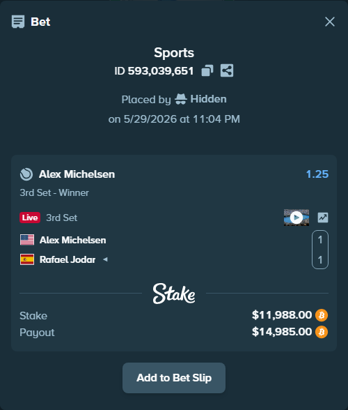 Bet slip: Alex Michelsen - Rafael Jodar, $10,557.56 stake at 1.25 odds, placed by Hidden