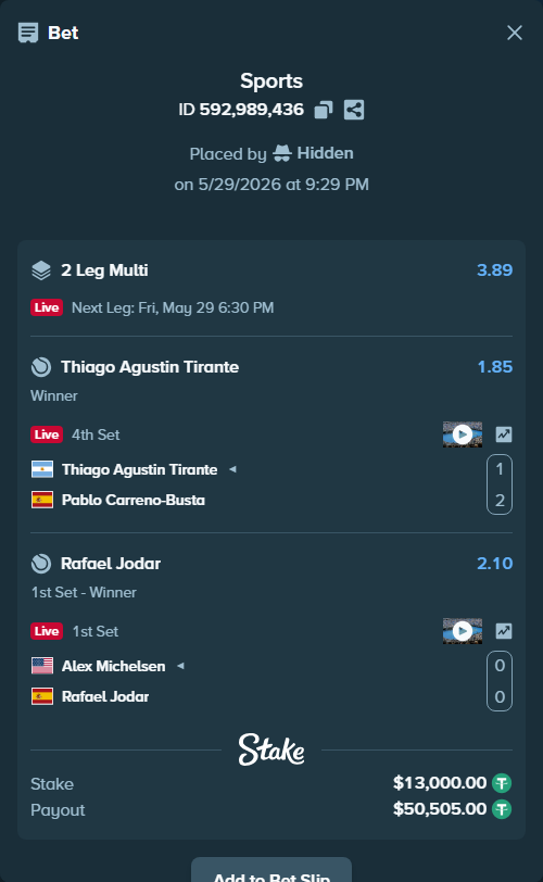 Bet slip: Alex Michelsen - Rafael Jodar, $13,013.00 stake at 2.10 odds, placed by Hidden