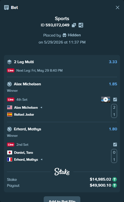 Bet slip: Alex Michelsen - Rafael Jodar, $15,000.00 stake at 1.85 odds, placed by Hidden