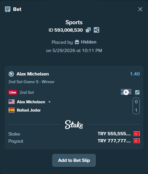 Bet slip: Alex Michelsen - Rafael Jodar, $16,666.65 stake at 1.40 odds, placed by Hidden