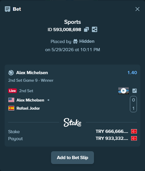 Bet slip: Alex Michelsen - Rafael Jodar, $19,999.98 stake at 1.40 odds, placed by Hidden