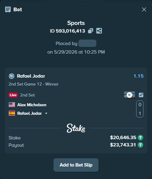 Bet slip: Alex Michelsen - Rafael Jodar, $20,667.00 stake at 1.15 odds, placed by DooDLeZ1love