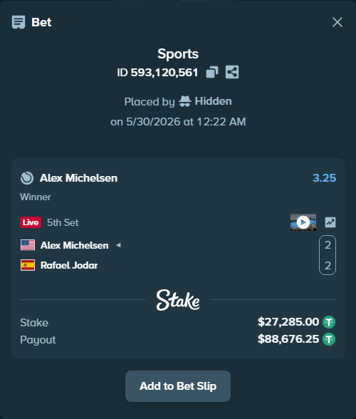 Bet slip: Alex Michelsen - Rafael Jodar, $27,312.28 stake at 3.25 odds, placed by Hidden