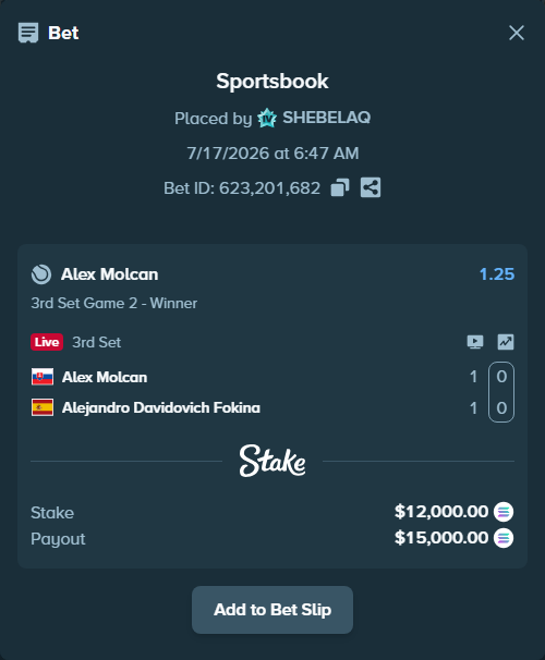 Bet slip: Alex Molcan - Alejandro Davidovich Fokina, $11,502.21 stake at 1.25 odds, placed by SHEBELAQ