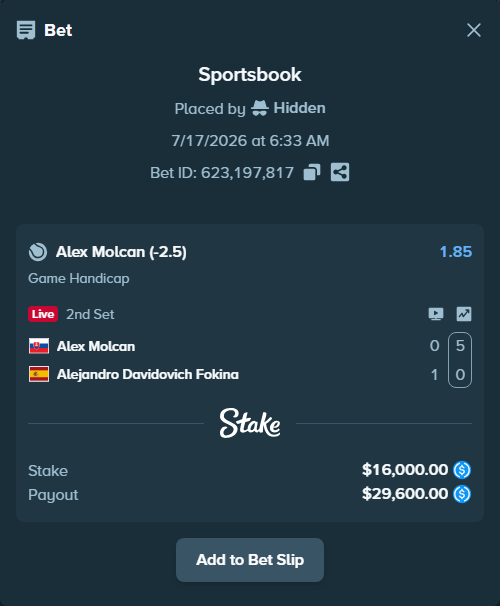 Bet slip: Alex Molcan - Alejandro Davidovich Fokina, $16,000.00 stake at 1.85 odds, placed by Hidden