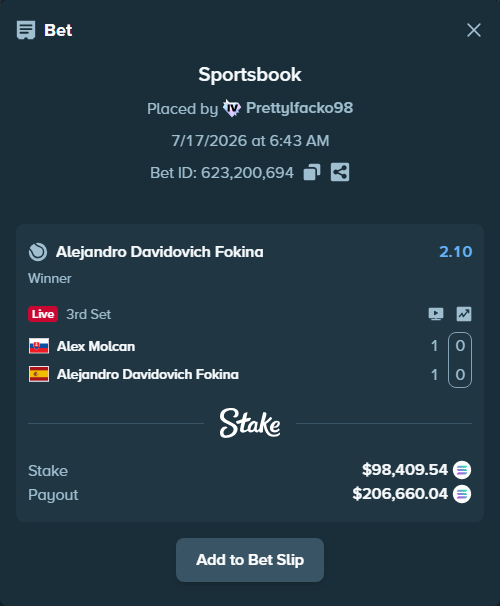 Bet slip: Alex Molcan - Alejandro Davidovich Fokina, $94,327.25 stake at 2.10 odds, placed by Prettylfacko98