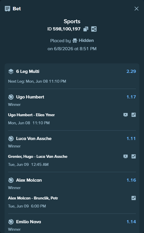 Bet slip: Alex Molcan - Brunclik, Petr, $26,840.08 stake at 1.16 odds, placed by Hidden
