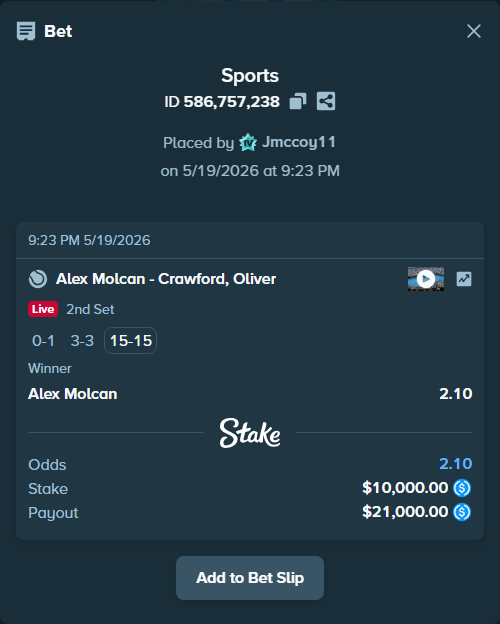 Bet slip: Alex Molcan - Crawford, Oliver, $10,000.00 stake at 2.10 odds, placed by Jmccoy11