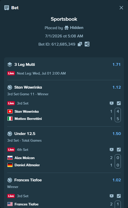Bet slip: Alex Molcan - Daniel Altmaier, $12,300.00 stake at 1.50 odds, placed by Hidden