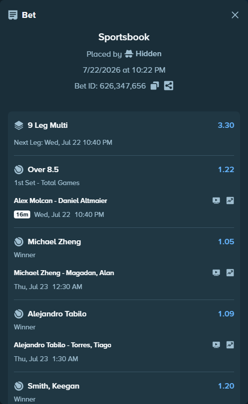 Bet slip: Alex Molcan - Daniel Altmaier, $125,125.00 stake at 1.22 odds, placed by Hidden