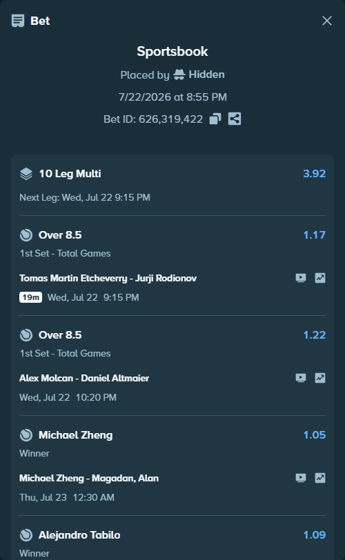 Bet slip: Alex Molcan - Daniel Altmaier, $84,977.77 stake at 1.22 odds, placed by Hidden