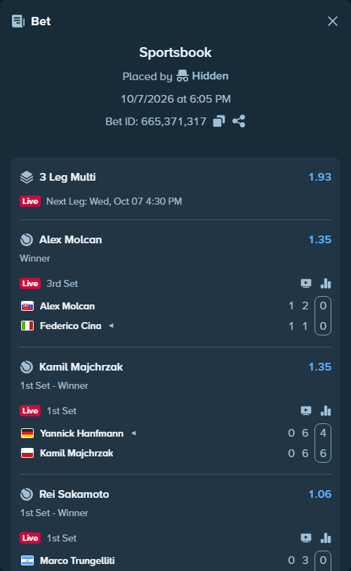 Bet slip: Alex Molcan - Federico Cina, $19,994.00 stake at 1.35 odds, placed by NoRisckNoMoney