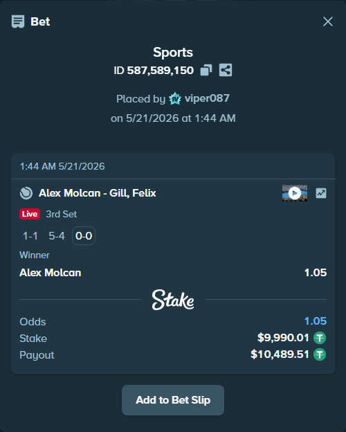 Bet slip: Alex Molcan - Gill, Felix, $10,000.00 stake at 1.05 odds, placed by viper087
