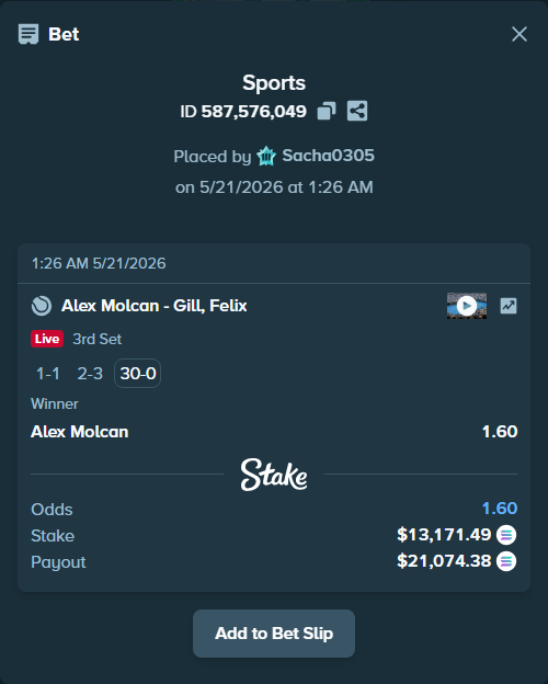 Bet slip: Alex Molcan - Gill, Felix, $11,274.27 stake at 1.60 odds, placed by Sacha0305