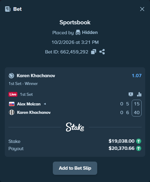 Bet slip: Alex Molcan - Karen Khachanov, $19,038.00 stake at 1.07 odds, placed by Hidden