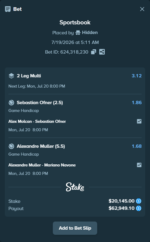 Bet slip: Alex Molcan - Sebastian Ofner, $20,145.00 stake at 1.86 odds, placed by Hidden