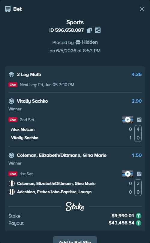 Bet slip: Alex Molcan - Vitaliy Sachko, $10,000.00 stake at 2.90 odds, placed by Hidden