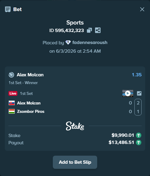 Bet slip: Alex Molcan - Zsombor Piros, $10,000.00 stake at 1.35 odds, placed by fadennesaroush