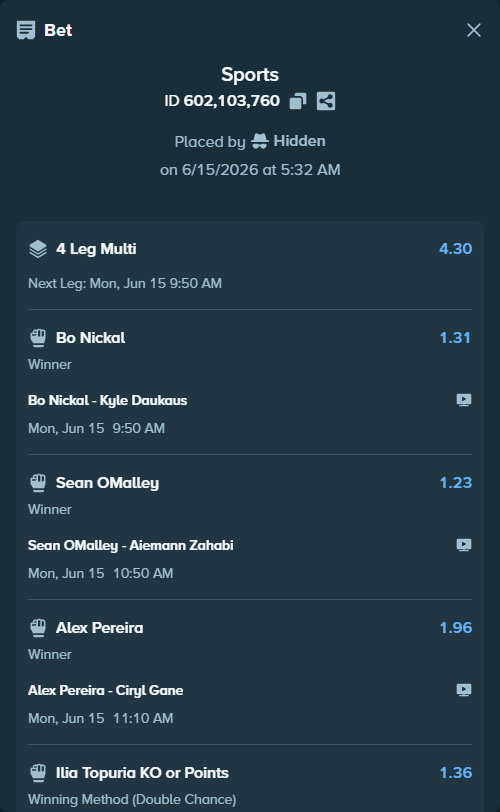 Bet slip: Alex Pereira - Ciryl Gane, $10,000.00 stake at 1.96 odds, placed by Hidden