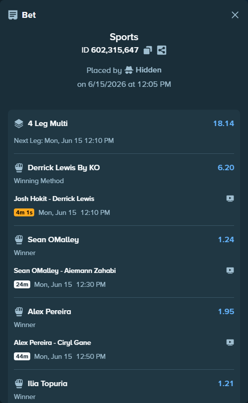 Bet slip: Alex Pereira - Ciryl Gane, $100,000.00 stake at 1.95 odds, placed by Hidden