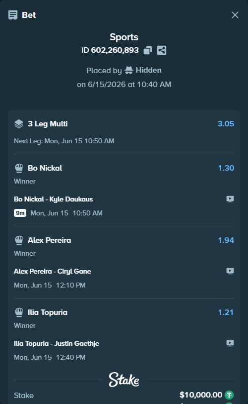 Bet slip: Alex Pereira - Ciryl Gane, $10,010.00 stake at 1.94 odds, placed by Hidden